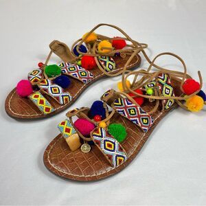 Sam Edelman Lisabeth Gladiator Style Beaded Sandals With Pom Poms Women’s Sz 8